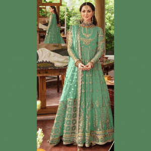 Afrozeh Luxury Net Maxi Dress Fully Embroidered with Handwork, Net Dupatta, and Silk Trouser