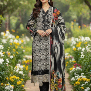Maria B. Inspired Black & White Khaddar Suit with Embroidered Daman & Sleeves - Unstitched 3-Piece Dress