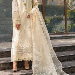 Embroidered Luxury Lawn Cotton Unstitched 3 Piece Suit – Organza Embroidered Dupatta & Elegant Lace Detailing 2025 Collection.
