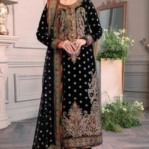 Velvet Embroidered Luxury Unstitched 3 Piece Suit with Silk Trouser & Net Embroidered Dupatta.