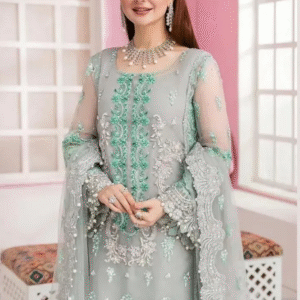 ELAF Luxury Organza Embroidered 3PC – Handworked Elegance with Pearls & Tassels.